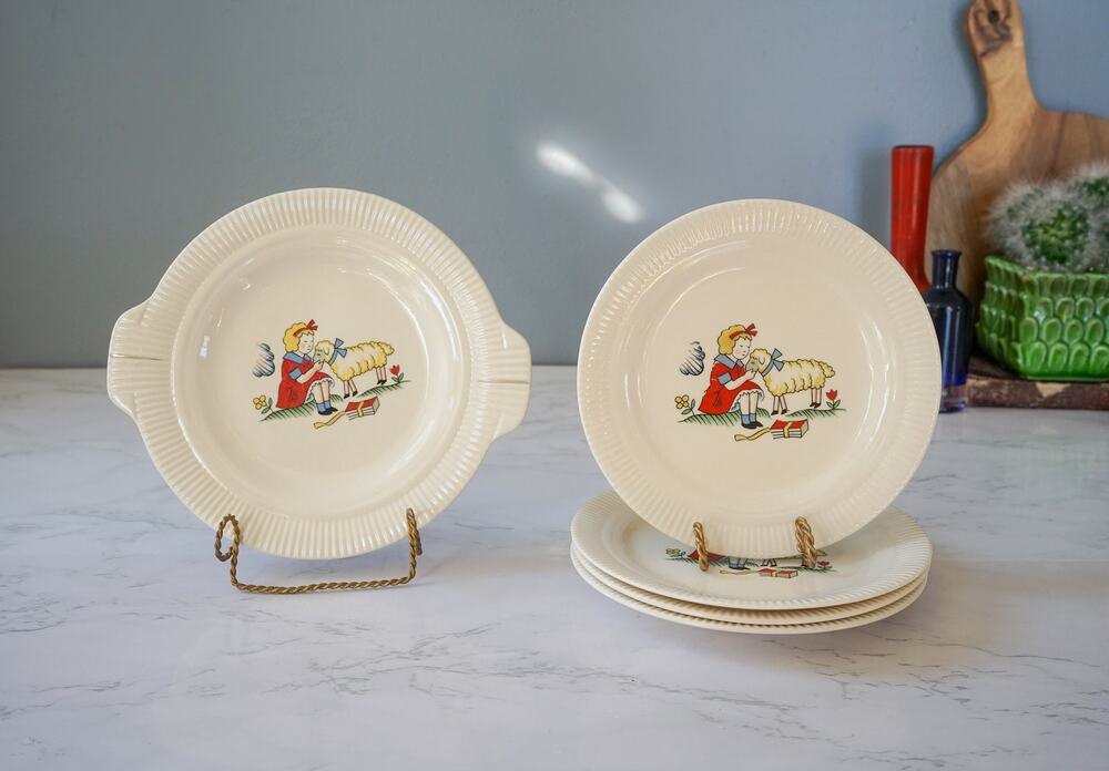 VTG 40s Mary Had A Little Lamb Child Plates Set Salem China Nursery Rhyme Play
